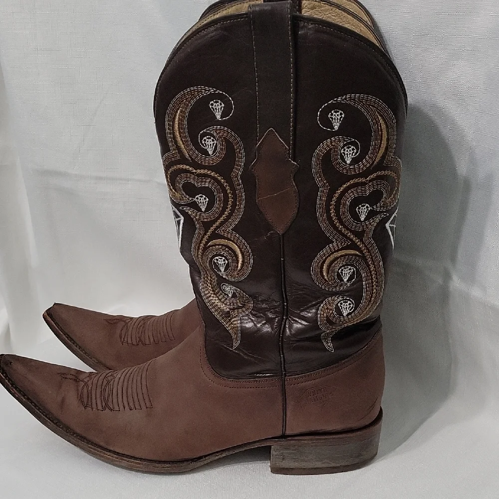 White Diamonds Brown Western Cowboy Boots with Embroidery Size 10.5